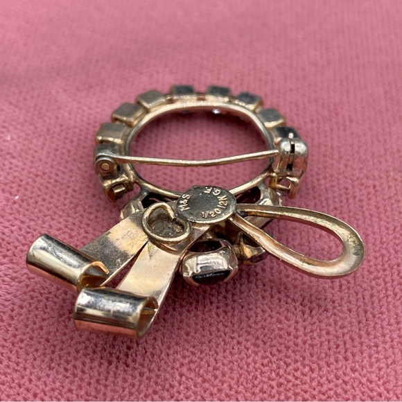 Vintage 1950s Signed M&S 12k G.F. Gold Bow Wreath Brooch with Sparkly Red Crysta - Picture 7 of 11